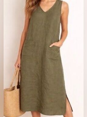 NWOT Sleeveless Linen Dress with Pockets. Olive.  3X